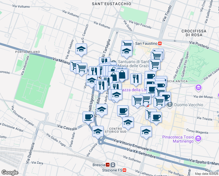 map of restaurants, bars, coffee shops, grocery stores, and more near 10a Vicolo Dell' Inganno in Brescia