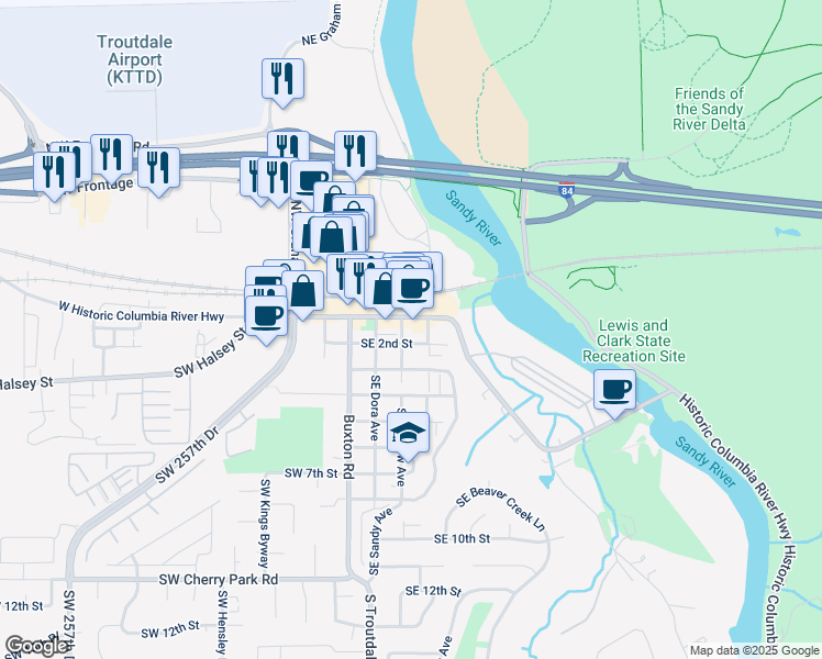 map of restaurants, bars, coffee shops, grocery stores, and more near 281 Southeast 2nd Street in Troutdale