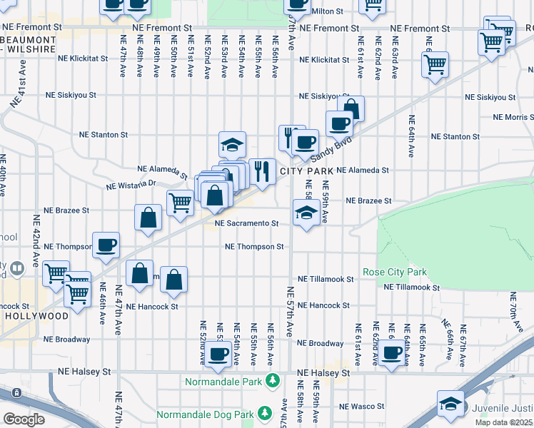 map of restaurants, bars, coffee shops, grocery stores, and more near 2352 Northeast 56th Avenue in Portland