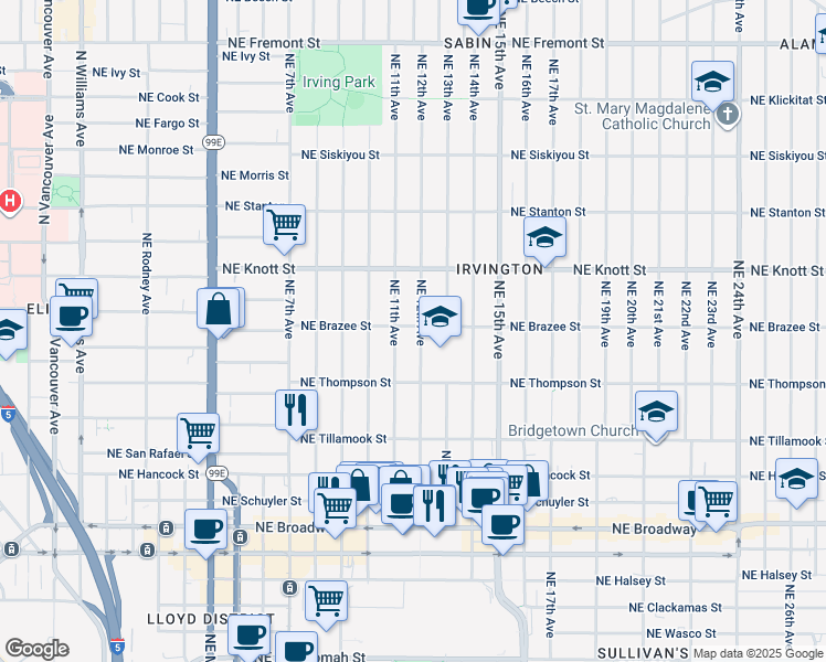 map of restaurants, bars, coffee shops, grocery stores, and more near 2405 Northeast 12th Avenue in Portland
