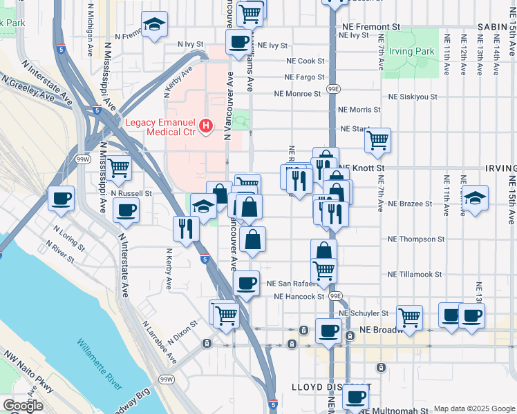map of restaurants, bars, coffee shops, grocery stores, and more near 35 Northeast Sacramento Street in Portland
