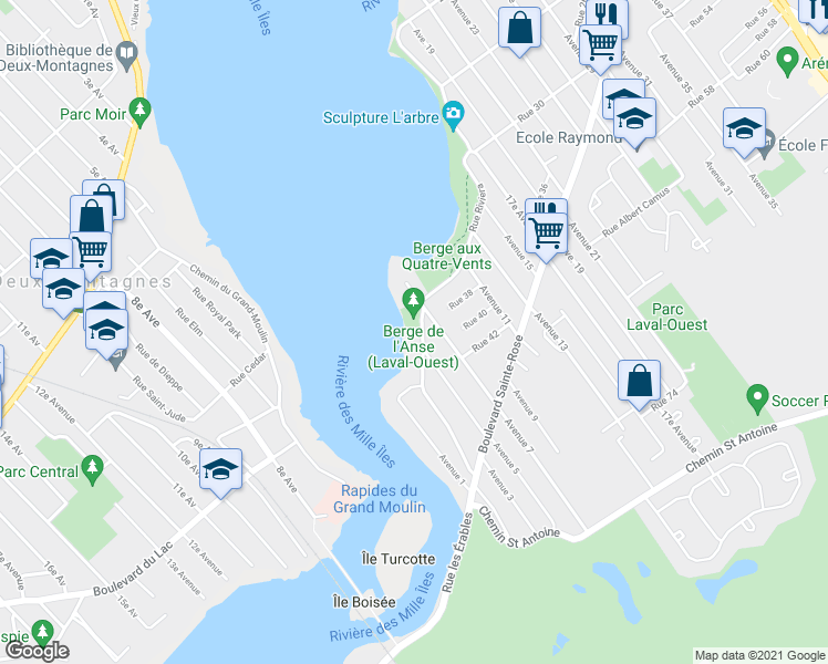 map of restaurants, bars, coffee shops, grocery stores, and more near 3802 3e Av in Laval