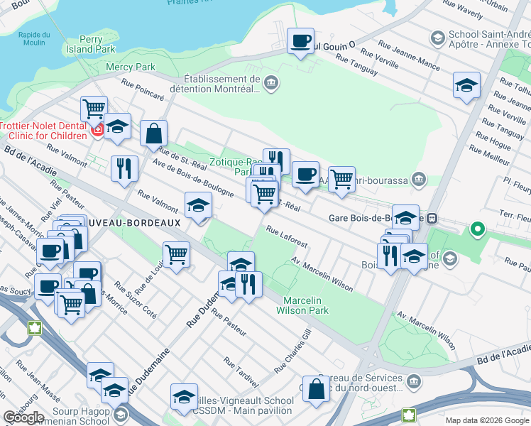 map of restaurants, bars, coffee shops, grocery stores, and more near 1559 Rue Dudemaine in Montreal