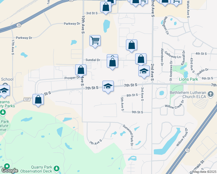 map of restaurants, bars, coffee shops, grocery stores, and more near 700 7th Street South in Waite Park