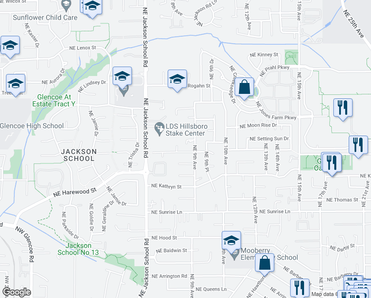 map of restaurants, bars, coffee shops, grocery stores, and more near 845 Northeast Josephine Street in Hillsboro