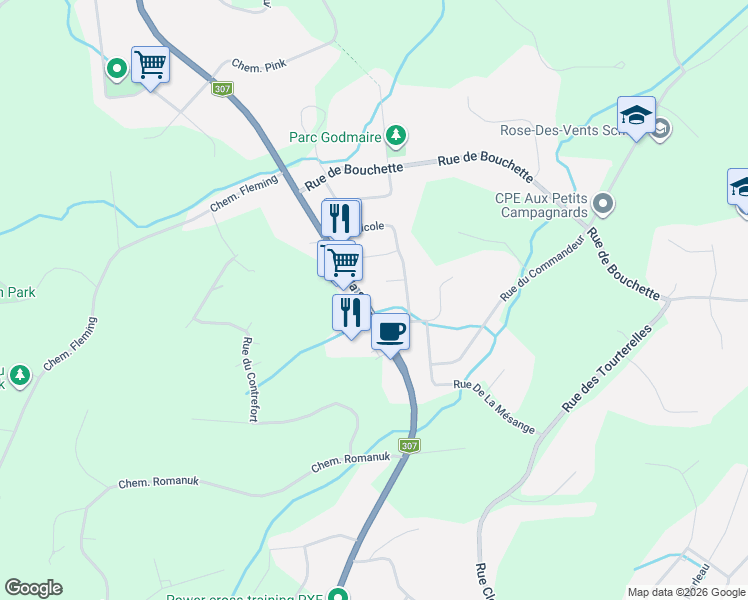 map of restaurants, bars, coffee shops, grocery stores, and more near 444 Montée de la Source in Cantley