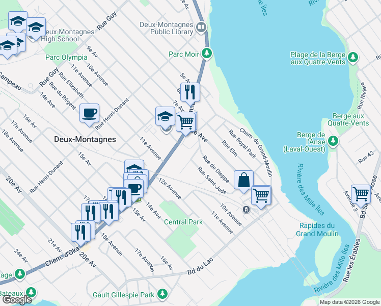 map of restaurants, bars, coffee shops, grocery stores, and more near 905 Rue de la Chapelle in Deux-Montagnes