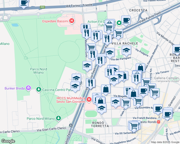 map of restaurants, bars, coffee shops, grocery stores, and more near 11 Viale Fulvio Testi in Cinisello Balsamo