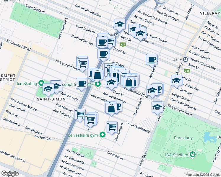 map of restaurants, bars, coffee shops, grocery stores, and more near 8567 Rue Clark in Montréal