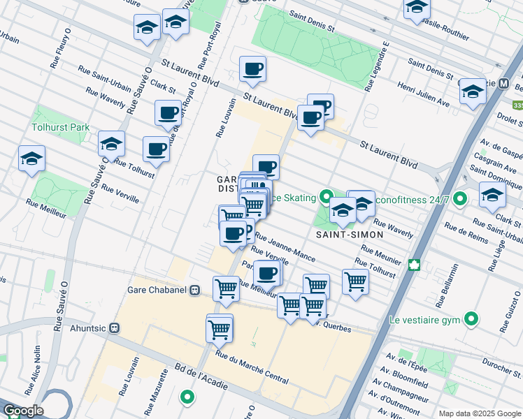 map of restaurants, bars, coffee shops, grocery stores, and more near 252 Rue Chabanel Ouest in Montréal