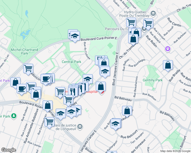map of restaurants, bars, coffee shops, grocery stores, and more near 1475 Rue Gaston-Véronneau in Longueuil