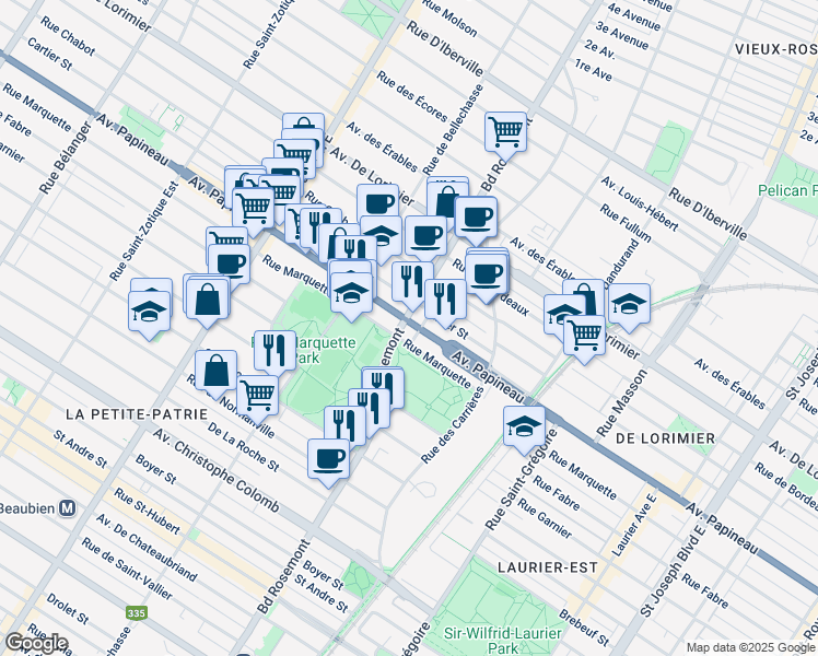 map of restaurants, bars, coffee shops, grocery stores, and more near 5898 Avenue Papineau in Montréal