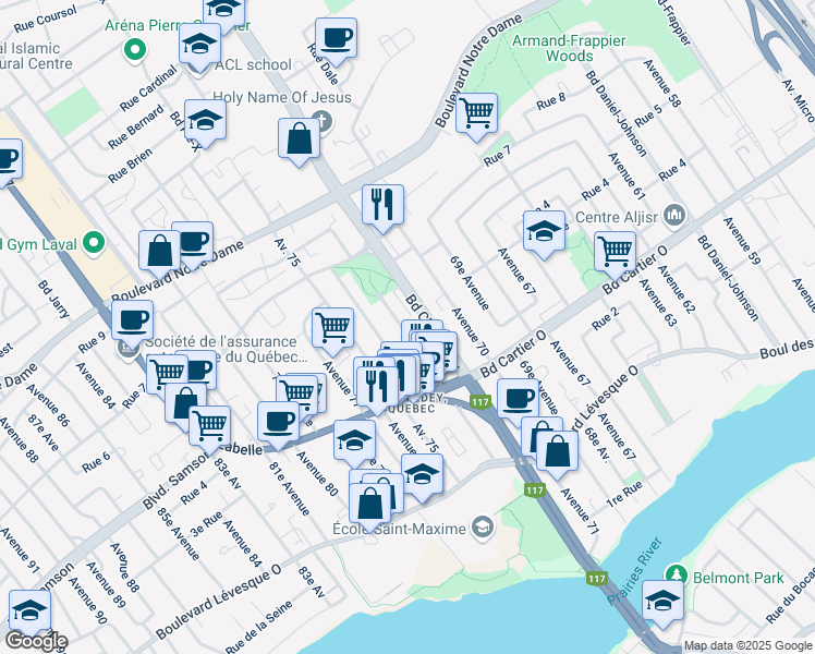 map of restaurants, bars, coffee shops, grocery stores, and more near in Laval