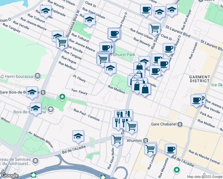 map of restaurants, bars, coffee shops, grocery stores, and more near 9500 Place Meilleur in Montréal