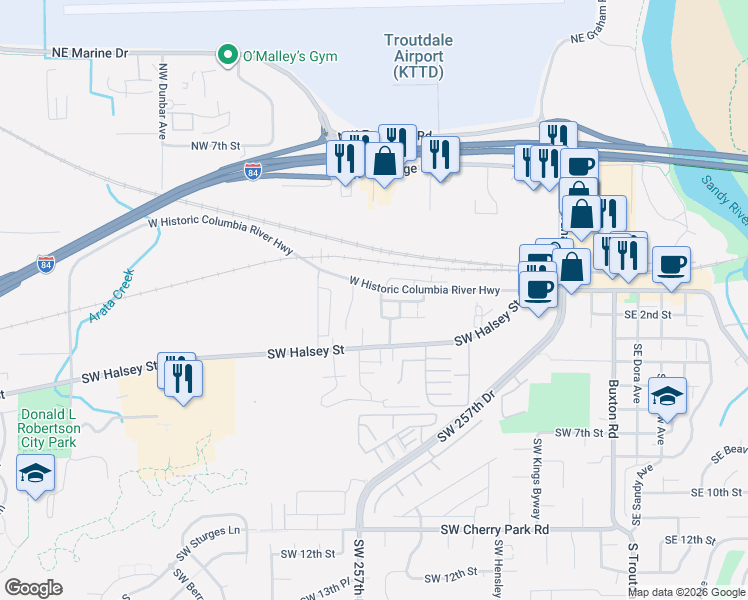 map of restaurants, bars, coffee shops, grocery stores, and more near 147 Southwest Wright Avenue in Troutdale