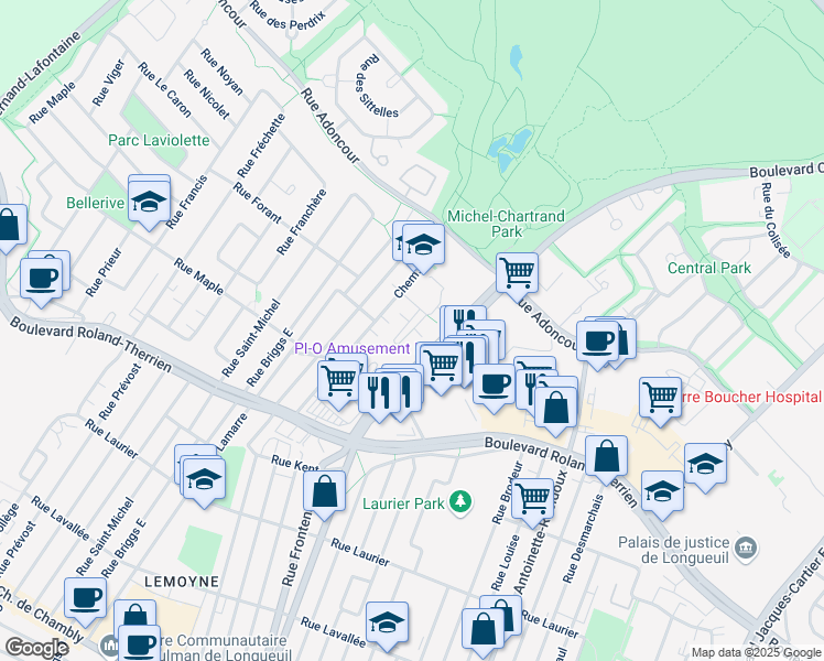 map of restaurants, bars, coffee shops, grocery stores, and more near Rue Vianney in Longueuil