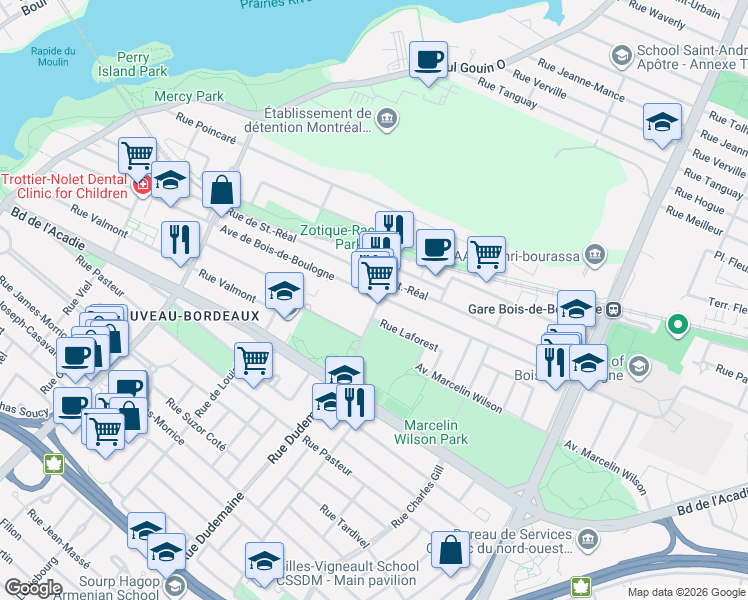 map of restaurants, bars, coffee shops, grocery stores, and more near 1559 Rue Dudemaine in Montréal