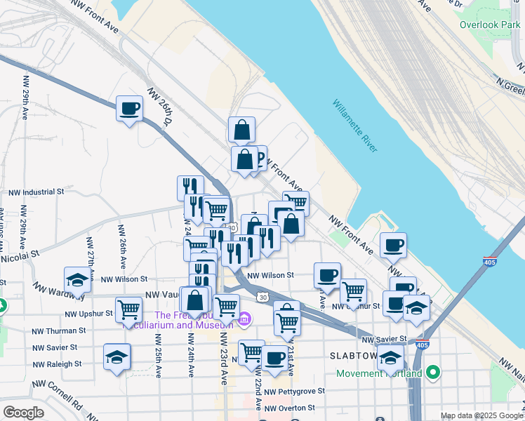 map of restaurants, bars, coffee shops, grocery stores, and more near 2359 Northwest 22nd Avenue in Portland