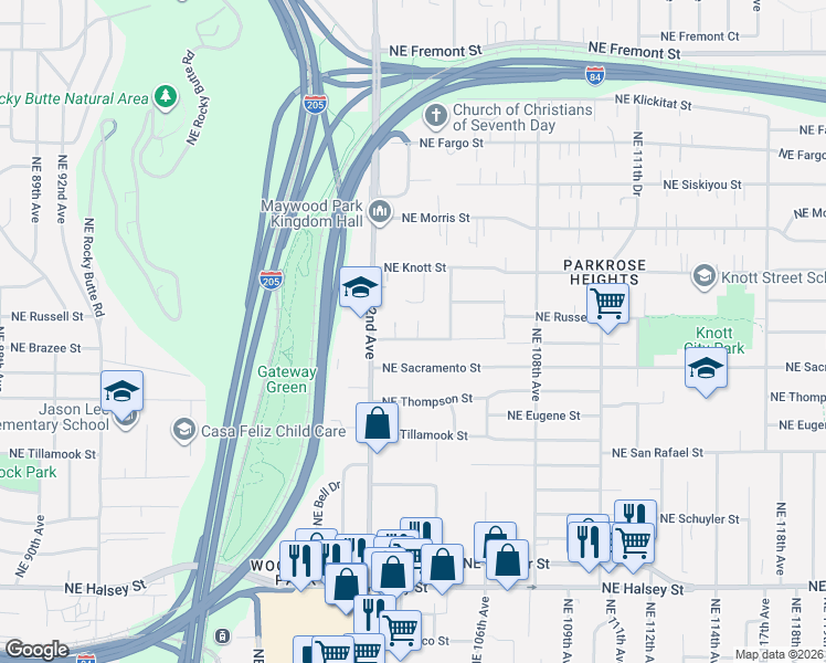 map of restaurants, bars, coffee shops, grocery stores, and more near 10329 Northeast Brazee Street in Portland