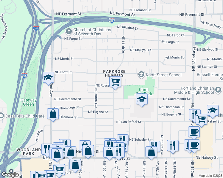 map of restaurants, bars, coffee shops, grocery stores, and more near 2523 Northeast 111th Avenue in Portland