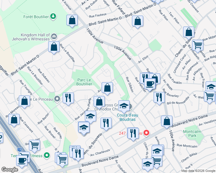 map of restaurants, bars, coffee shops, grocery stores, and more near 4931 Avenue Eliot in Laval