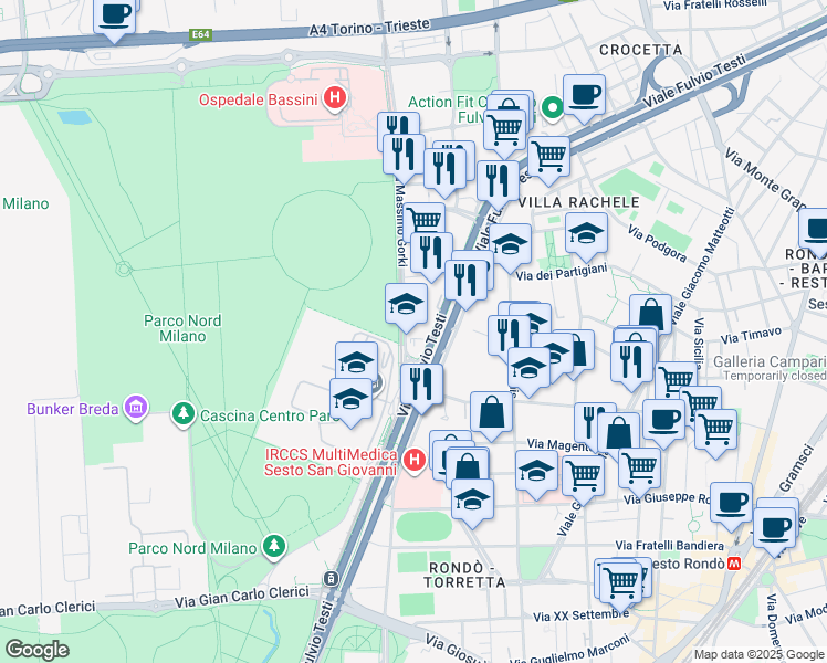 map of restaurants, bars, coffee shops, grocery stores, and more near 11 Viale Fulvio Testi in Cinisello Balsamo