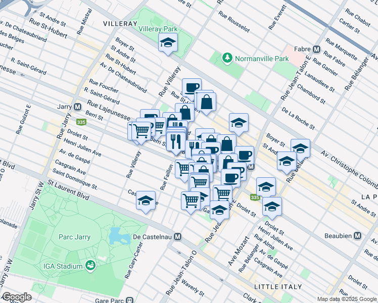 map of restaurants, bars, coffee shops, grocery stores, and more near 7449 Rue Berri in Montréal