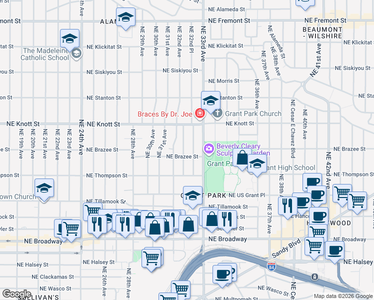 map of restaurants, bars, coffee shops, grocery stores, and more near 3214 Northeast Brazee Street in Portland