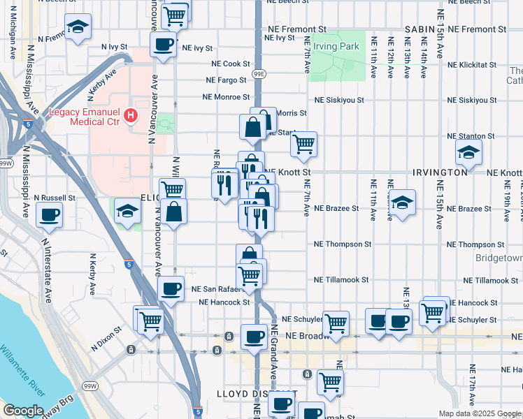 map of restaurants, bars, coffee shops, grocery stores, and more near in Portland