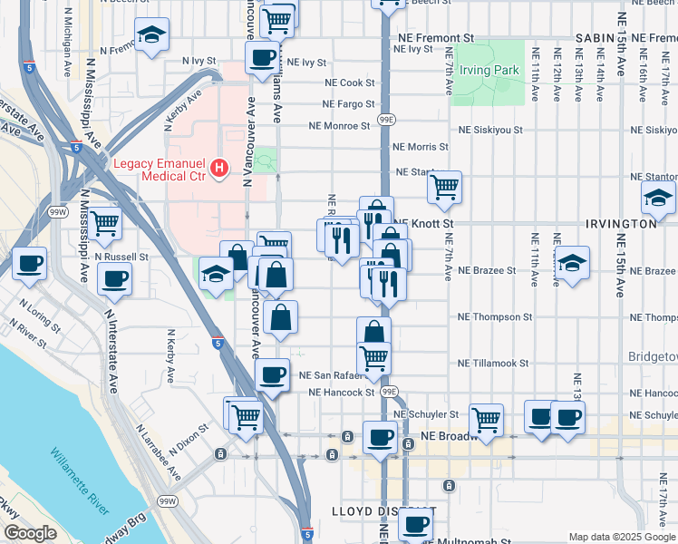 map of restaurants, bars, coffee shops, grocery stores, and more near 103 Northeast Sacramento Street in Portland