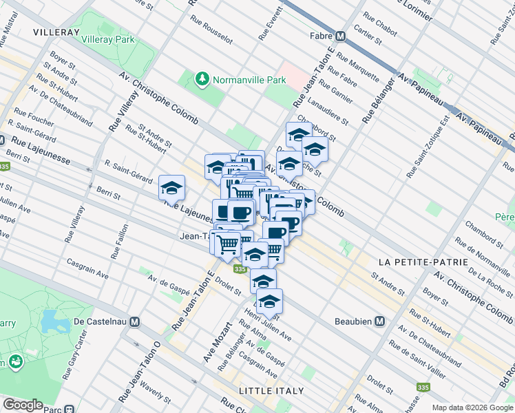 map of restaurants, bars, coffee shops, grocery stores, and more near 7111 Rue Saint-Hubert in Montréal