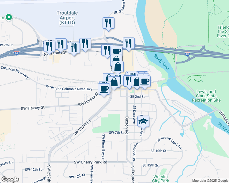 map of restaurants, bars, coffee shops, grocery stores, and more near 220 Southwest 257th Drive in Troutdale