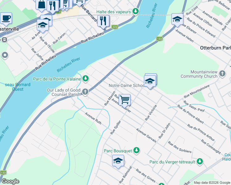 map of restaurants, bars, coffee shops, grocery stores, and more near 894 Rue Mason in Otterburn Park