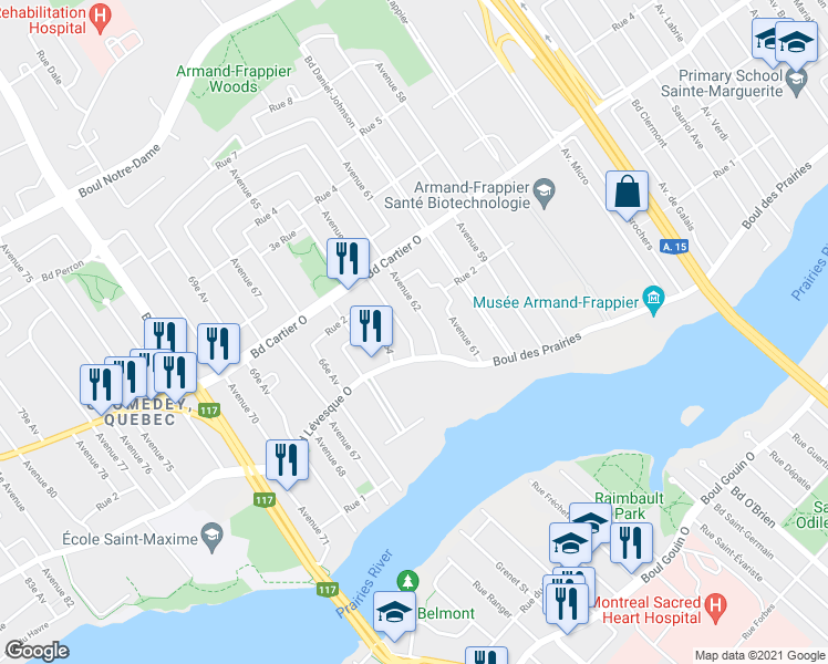 map of restaurants, bars, coffee shops, grocery stores, and more near 255 63e Av in Laval