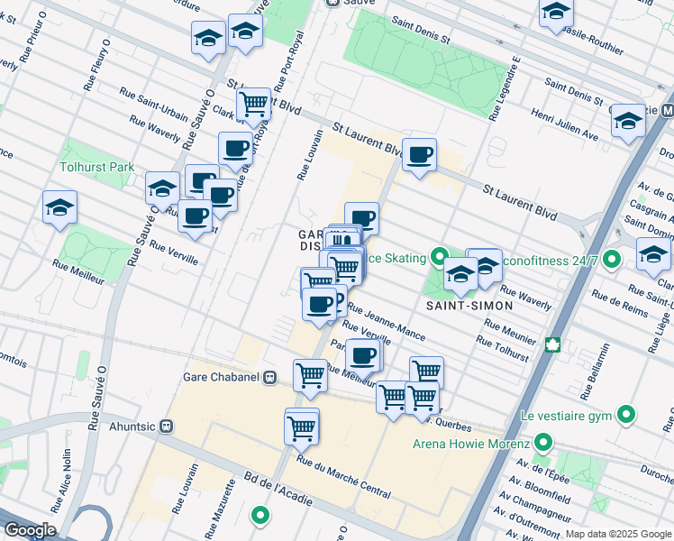 map of restaurants, bars, coffee shops, grocery stores, and more near in Montreal