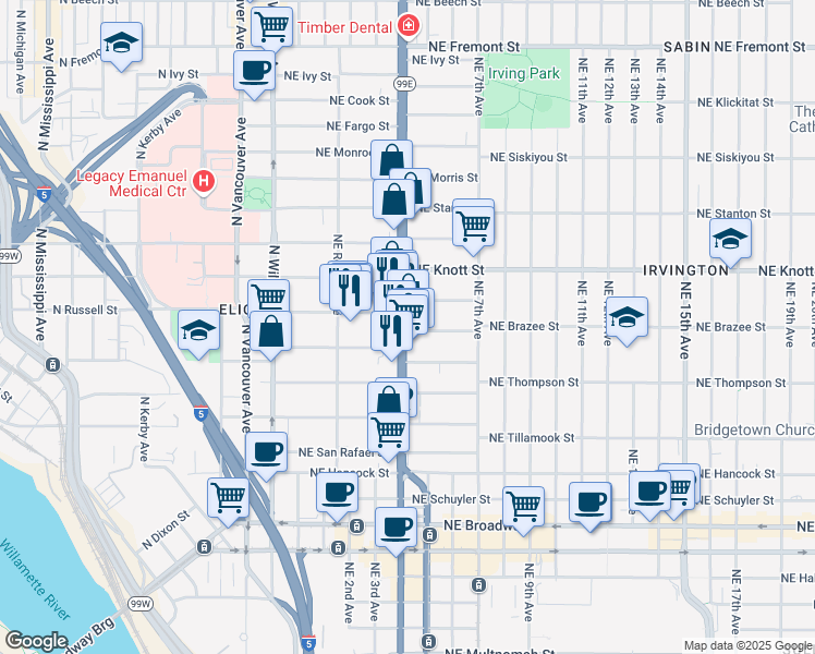 map of restaurants, bars, coffee shops, grocery stores, and more near 2500 Northeast Martin Luther King Junior Boulevard in Portland