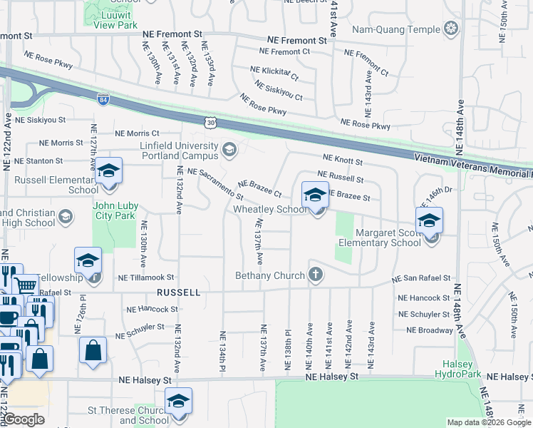 map of restaurants, bars, coffee shops, grocery stores, and more near 2418 Northeast 137th Avenue in Portland