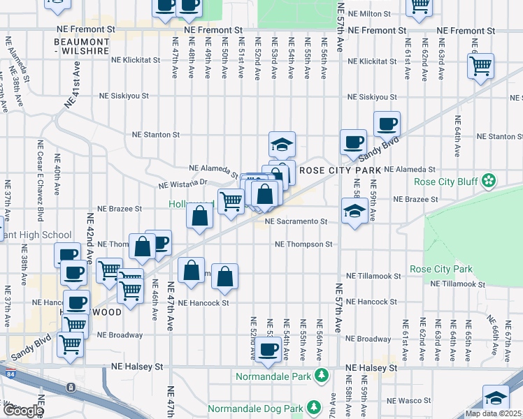 map of restaurants, bars, coffee shops, grocery stores, and more near 5227 Northeast Sandy Boulevard in Portland