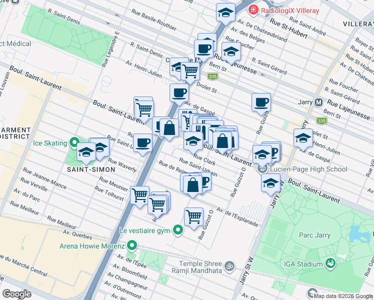 map of restaurants, bars, coffee shops, grocery stores, and more near 8587 Rue Clark in Montréal