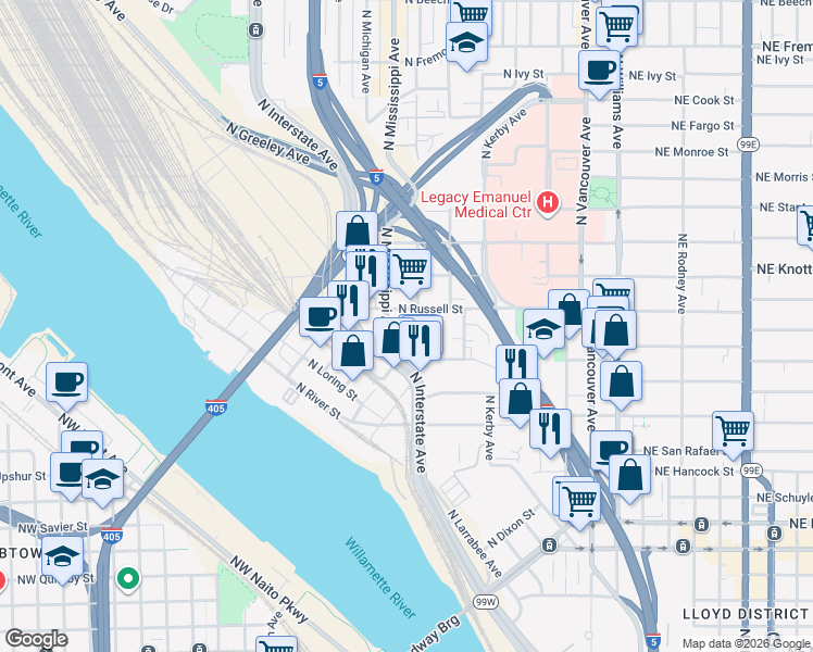 map of restaurants, bars, coffee shops, grocery stores, and more near 2320 North Albina Avenue in Portland