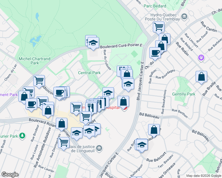 map of restaurants, bars, coffee shops, grocery stores, and more near 1480 Rue Gaston-Véronneau in Longueuil