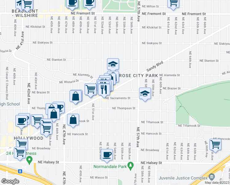 map of restaurants, bars, coffee shops, grocery stores, and more near 5420 Northeast Sandycrest Terrace in Portland