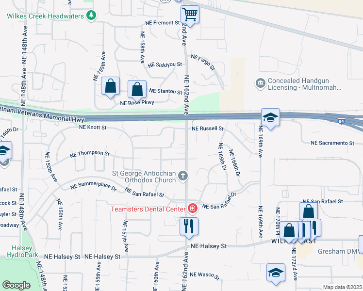 map of restaurants, bars, coffee shops, grocery stores, and more near 2431 Northeast 162nd Avenue in Portland