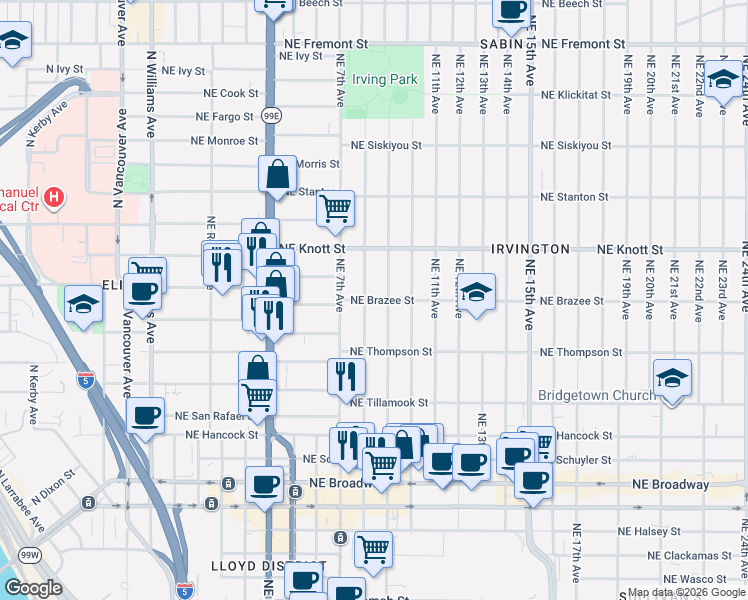 map of restaurants, bars, coffee shops, grocery stores, and more near 817 NE Brazee St in Portland