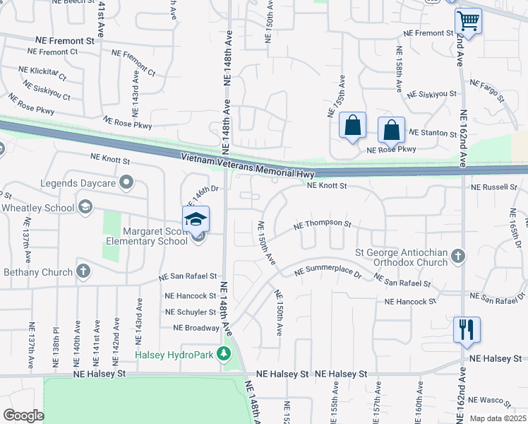 map of restaurants, bars, coffee shops, grocery stores, and more near Northeast 150th Avenue in Portland