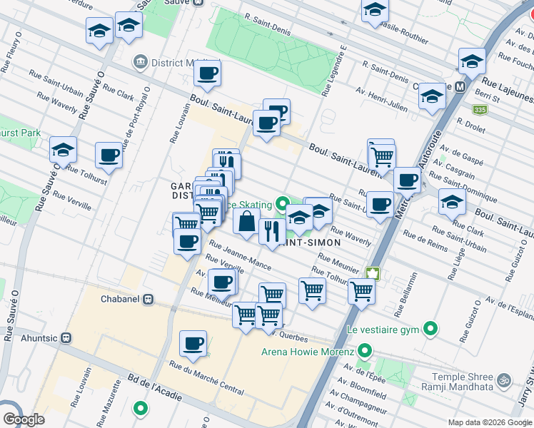 map of restaurants, bars, coffee shops, grocery stores, and more near 9125 Avenue de l'Esplanade in Montréal