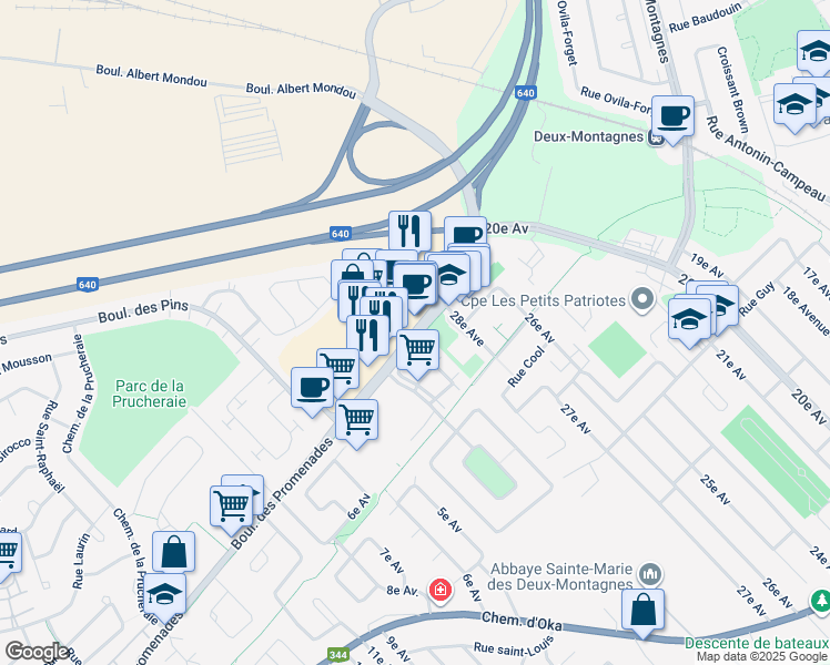 map of restaurants, bars, coffee shops, grocery stores, and more near Boulevard des Promenades in Deux-Montagnes