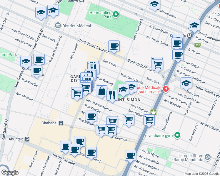 map of restaurants, bars, coffee shops, grocery stores, and more near 9125 Avenue de l'Esplanade in Montréal