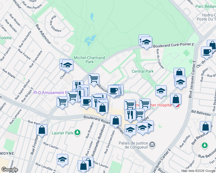 map of restaurants, bars, coffee shops, grocery stores, and more near 1955 Rue Adoncour in Longueuil