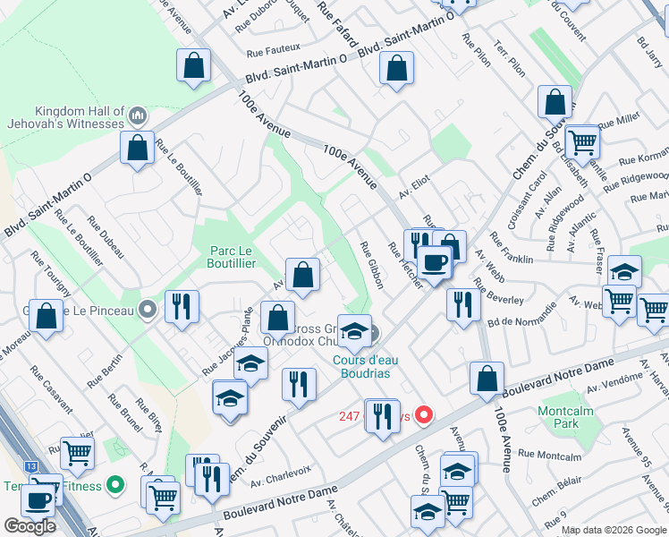 map of restaurants, bars, coffee shops, grocery stores, and more near 4971 Avenue Eliot in Laval